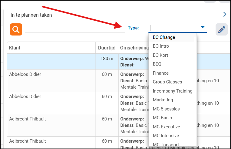 Afbeelding bijkomende filter mogelijkheid in de planning op het type project